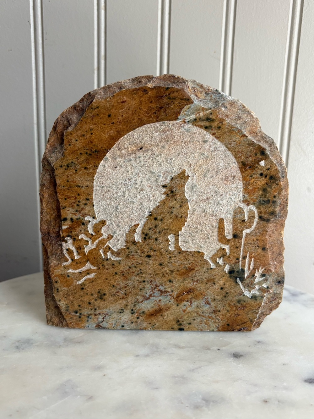 Sierra Hills Stone Hand-Carved Granite Wolf Relief Carving Southwestern Western